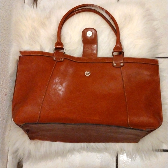 EMILIE M. BROWN FAUX LEATHER ZIPPERED and CLOTH HANDBAG - Picture 5 of 9